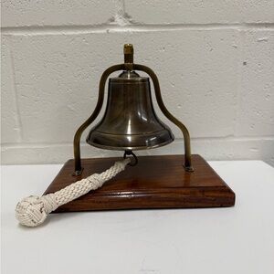 Vintage Style Nautical Brass Bell Decor on Wooden Base